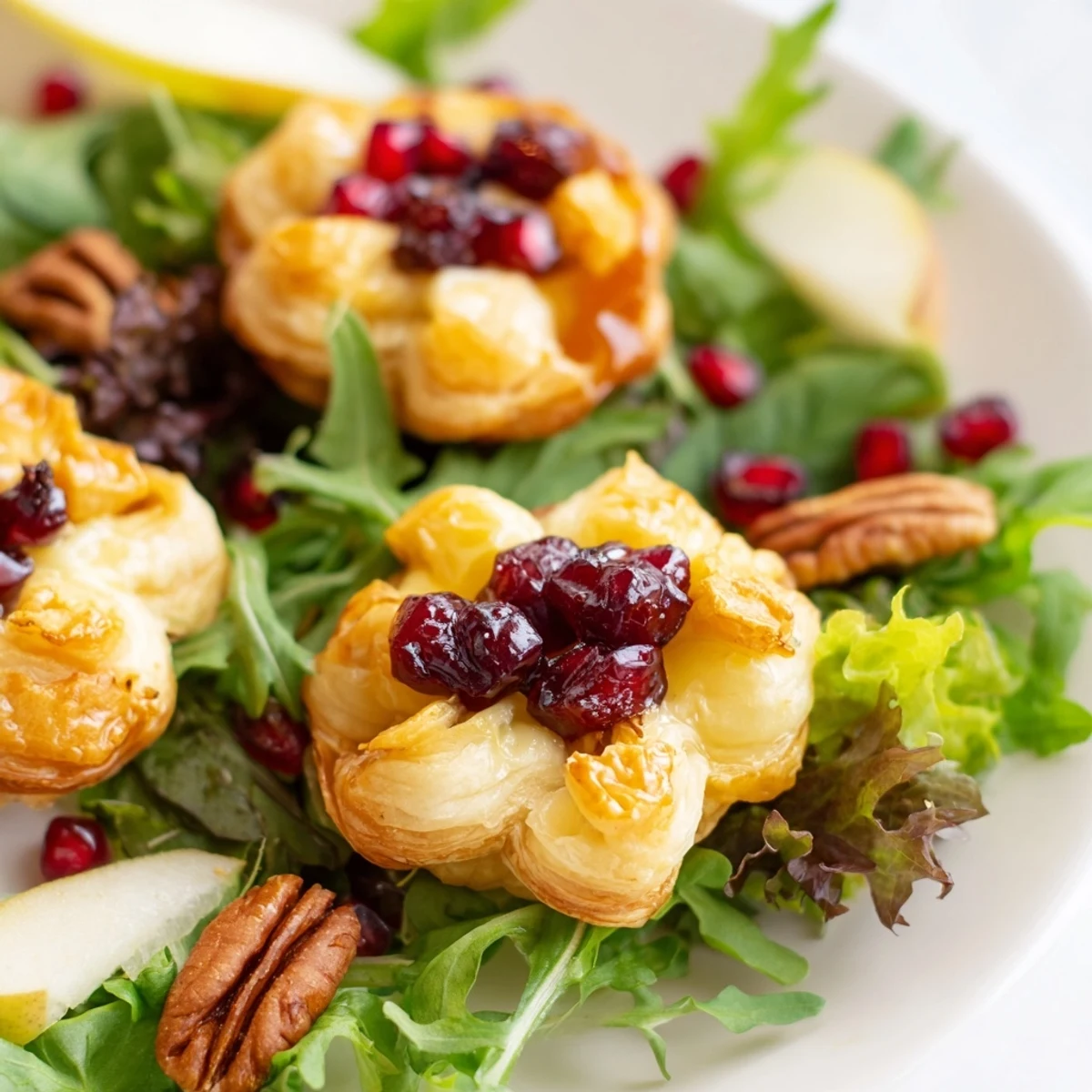 Close-up of baked cranberry and brie flower bites with puff pastry, so delicious!