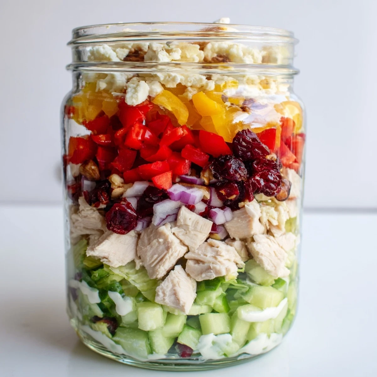 Vibrant layered holiday chopped chicken salad jar, showcasing fresh ingredients and creamy dressing, perfect for meal prep.