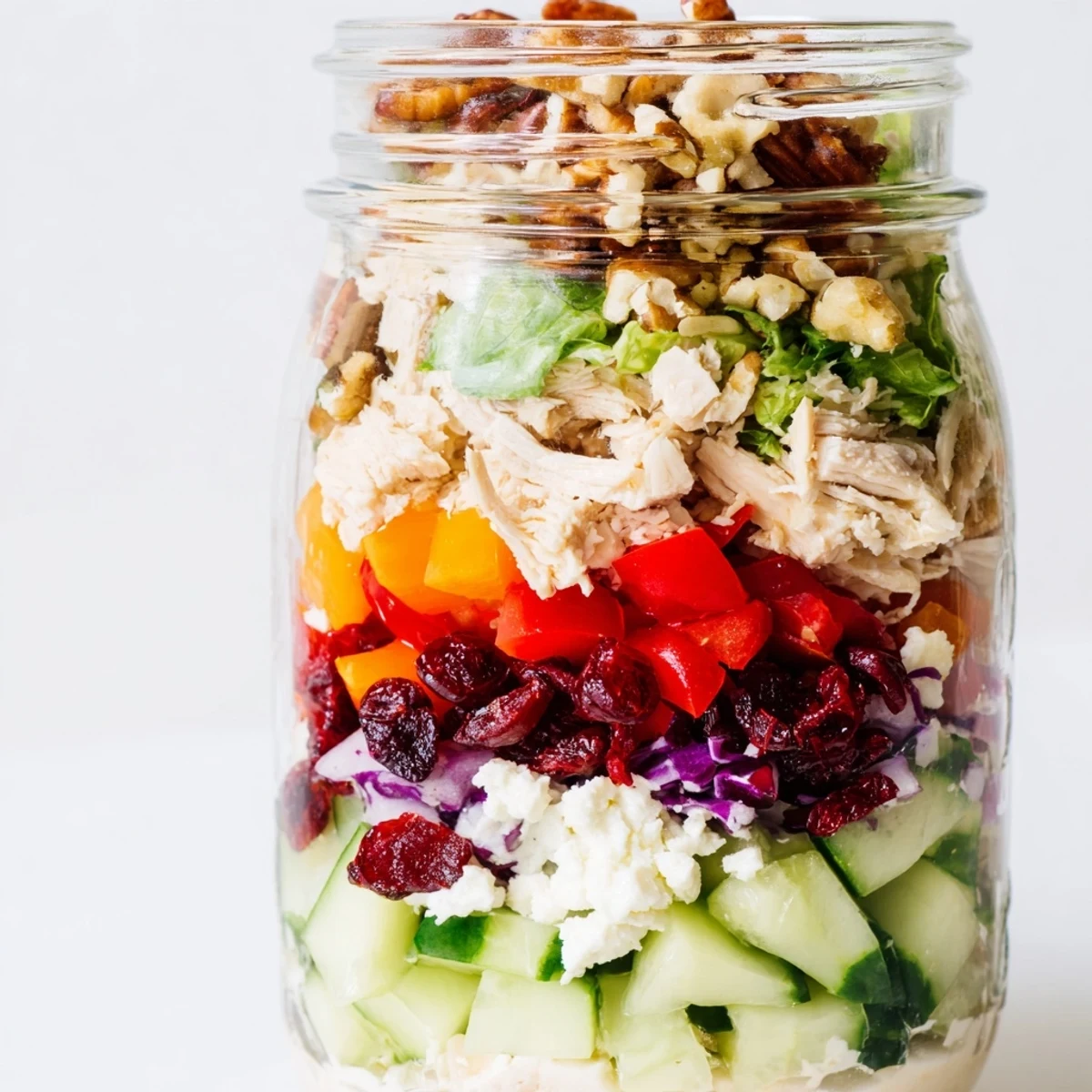 Delicious, easy layered holiday chopped chicken salad jar meal with juicy chicken and refreshing veggies, ready to enjoy.