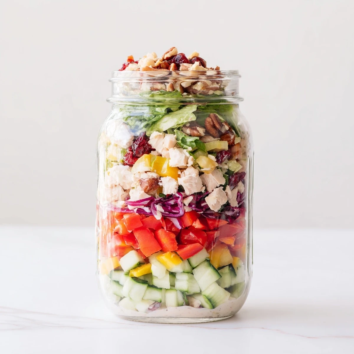 This festive layered holiday chopped chicken salad jar presents colorful layers of chicken, cranberries, and vegetables.