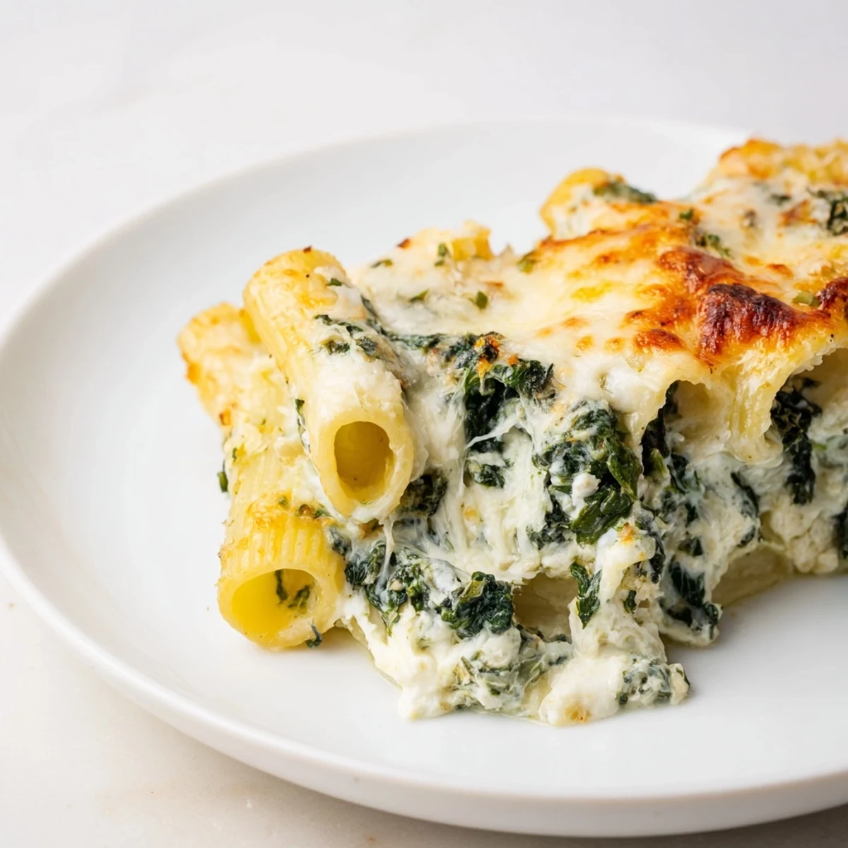 Golden, bubbling Whipped Ricotta & Spinach Baked Pasta, a cheesy and comforting Italian dinner.