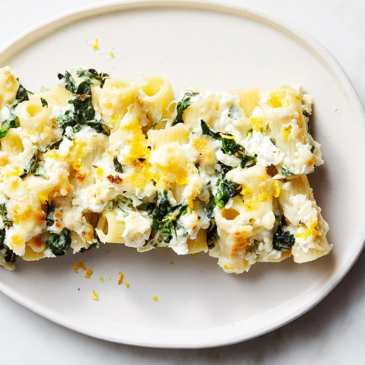 Imagine a close-up of creamy, baked Whipped Ricotta & Spinach Pasta, perfect for a cozy supper.