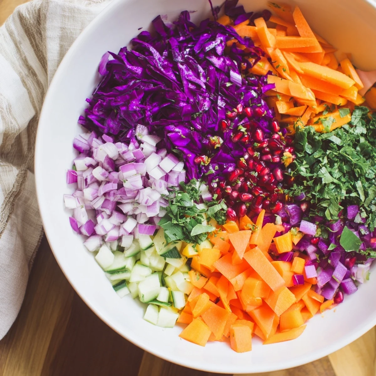 Freshly tossed Shirazi-Inspired Winter Slaw, showcasing shredded red cabbage and pomegranate jewels, ready to enjoy.