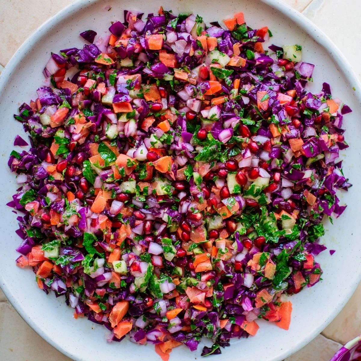 Bright, zesty Shirazi-Inspired Winter Slaw, offering a refreshing combination of winter vegetables and herbs.