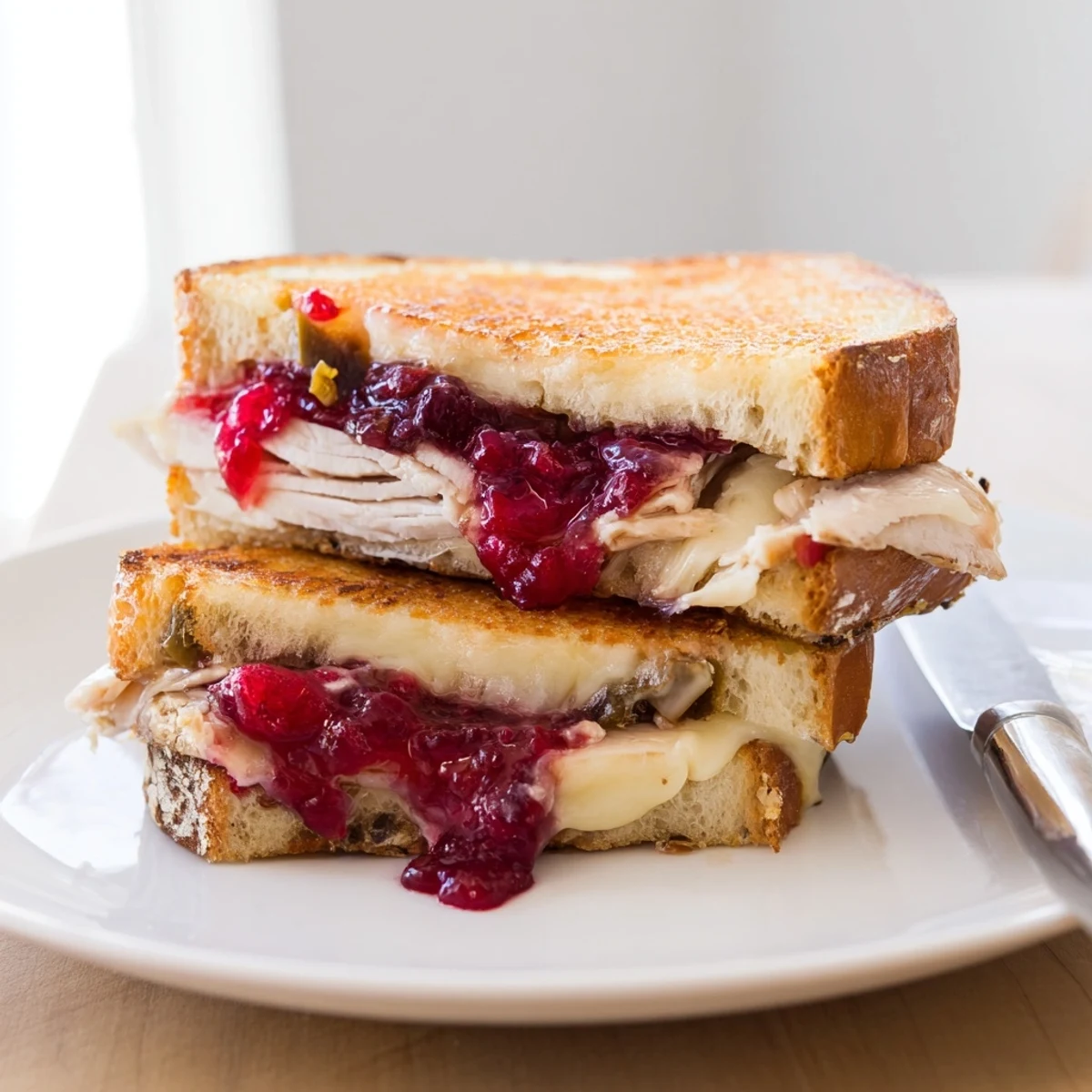 Air Fryer Jalapeño Cranberry Turkey Grilled Cheese, golden and bubbly, with melty cheese oozing out.