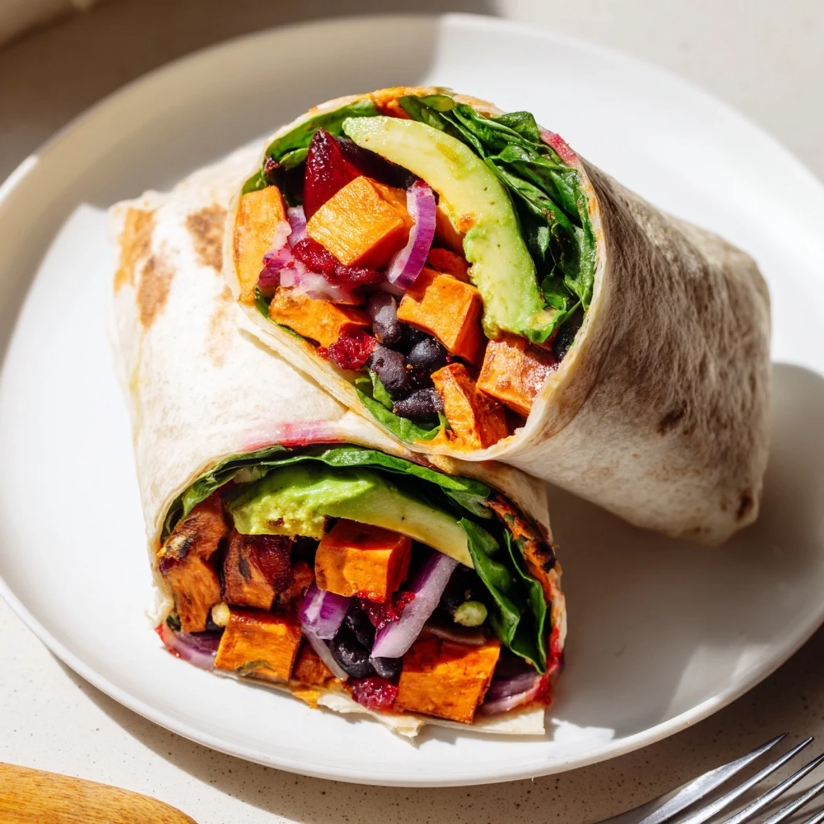 A colorful Roasted Sweet Potato & Black Bean Holiday Wrap, ready to eat with vibrant roasted veggies and beans.