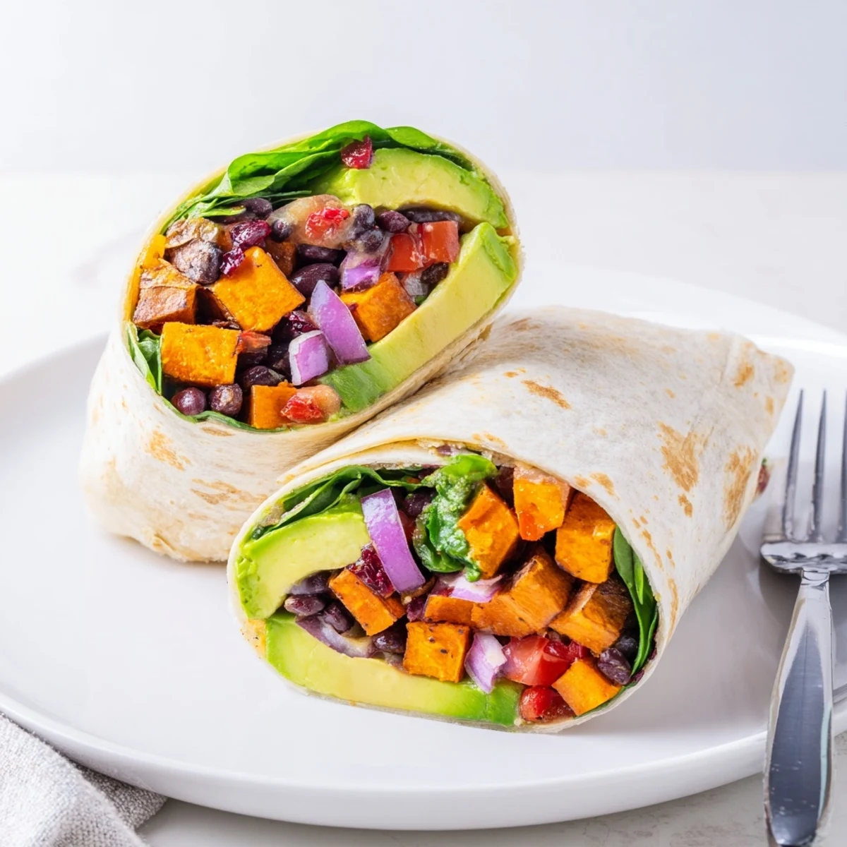 Warm, hearty Roasted Sweet Potato & Black Bean Holiday Wrap with tender roasted sweet potatoes spilling out.