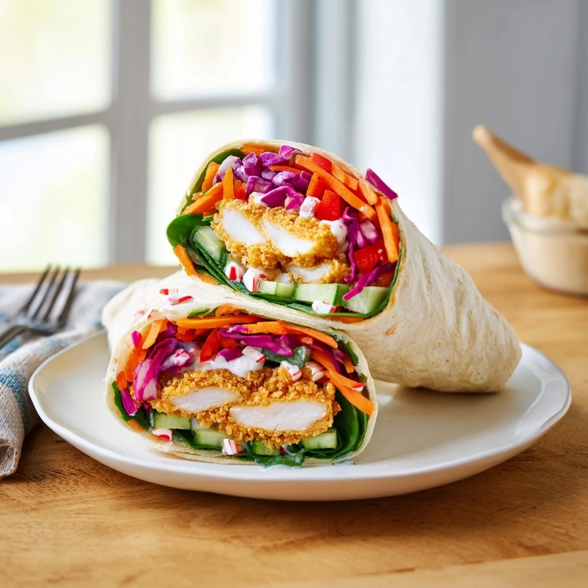 Crispy Candy Cane Crunch Chicken Veggie Wraps offer a delightful mix of flavors and textures in every bite.