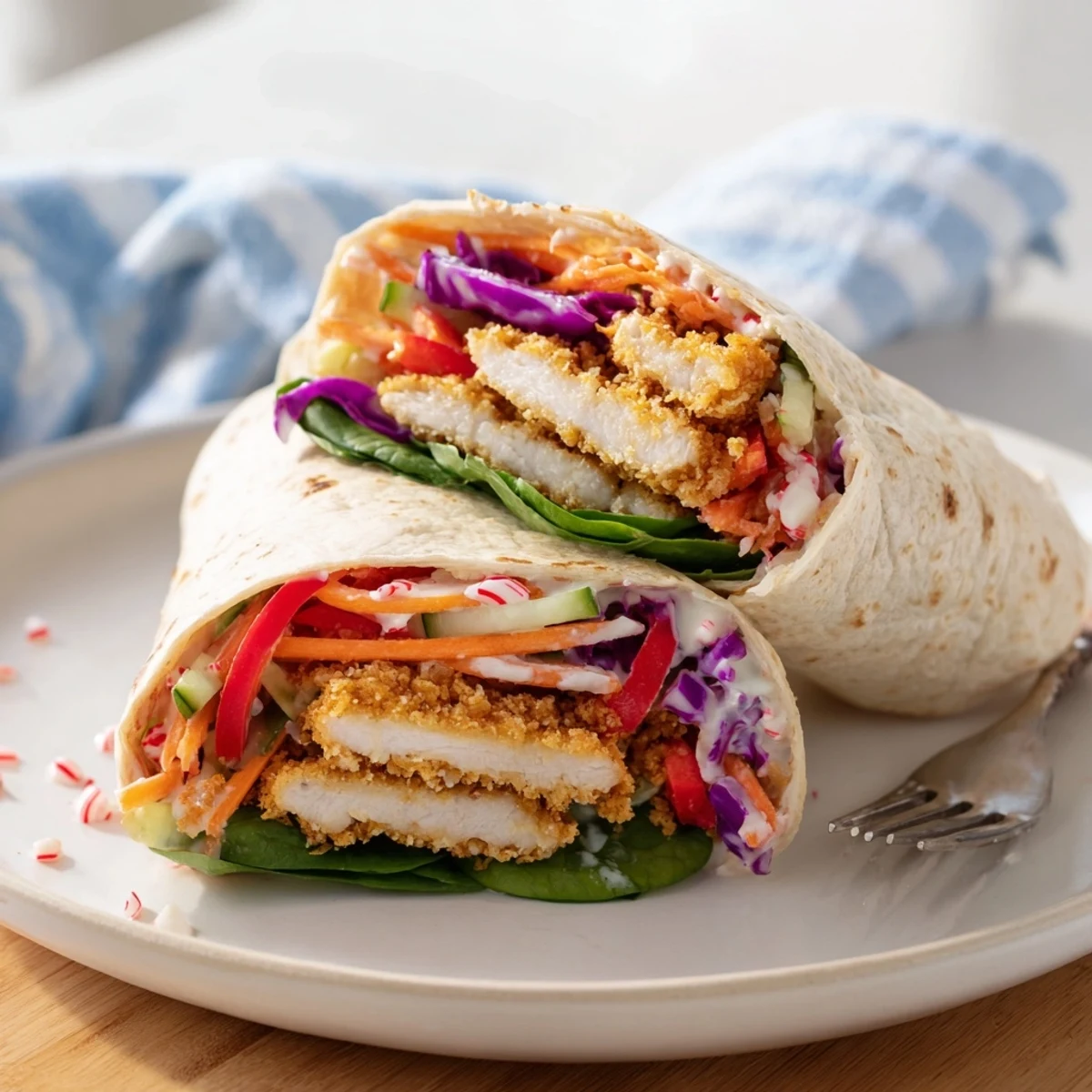 Visualize the golden-fried chicken alongside vibrant veggies in our Candy Cane Crunch Chicken Veggie Wrap recipe.