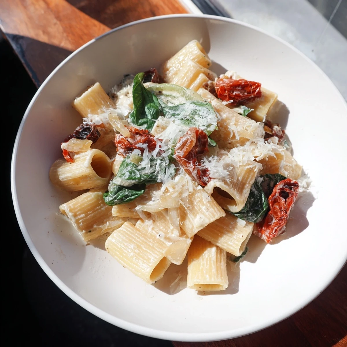 Creamy Sun-Dried Tomato Spinach Cottage Cheese Pasta: a vibrant bowl, showing pasta coated in a rich, creamy sauce.