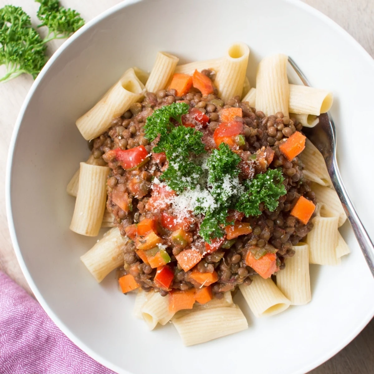 Steaming High-Fiber Lentil Bolognese, a rich and hearty pasta dish with festive garnishes.
