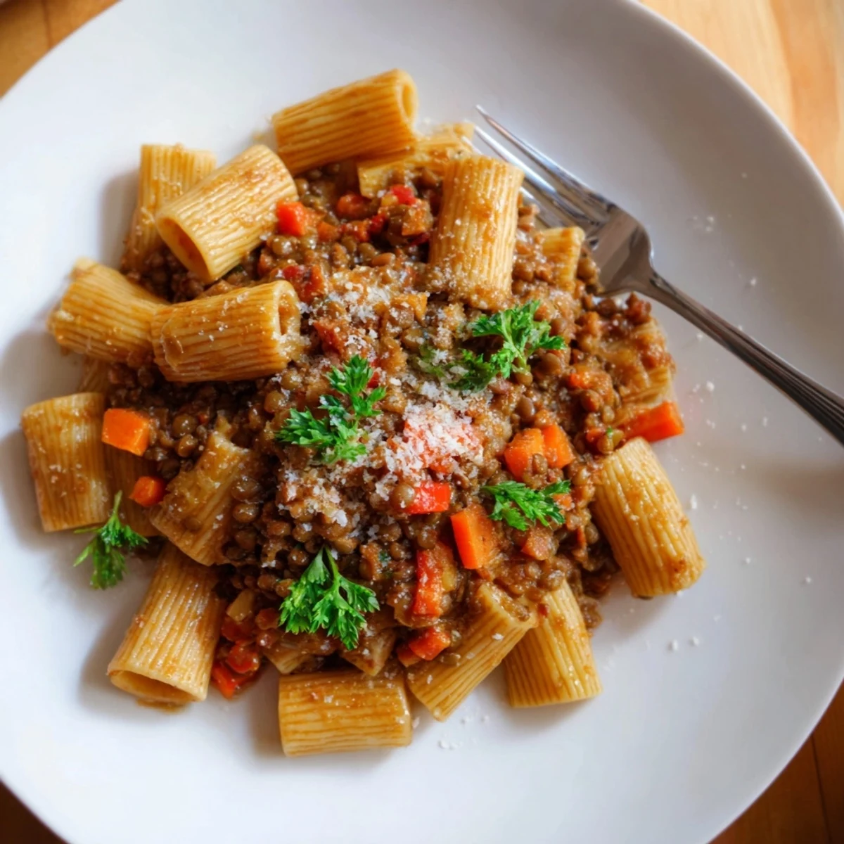 Close-up of High-Fiber Lentil Bolognese, a comforting Italian vegetarian pasta recipe, ready to serve.