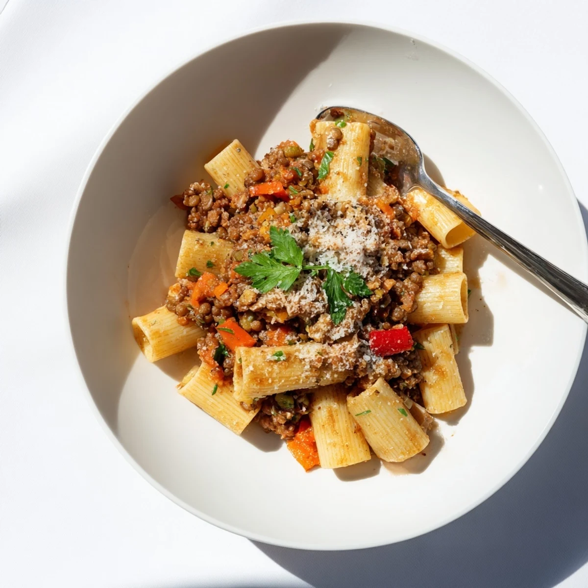 Delicious High-Fiber Lentil Bolognese over whole wheat pasta, garnished with fresh herbs and cheese.