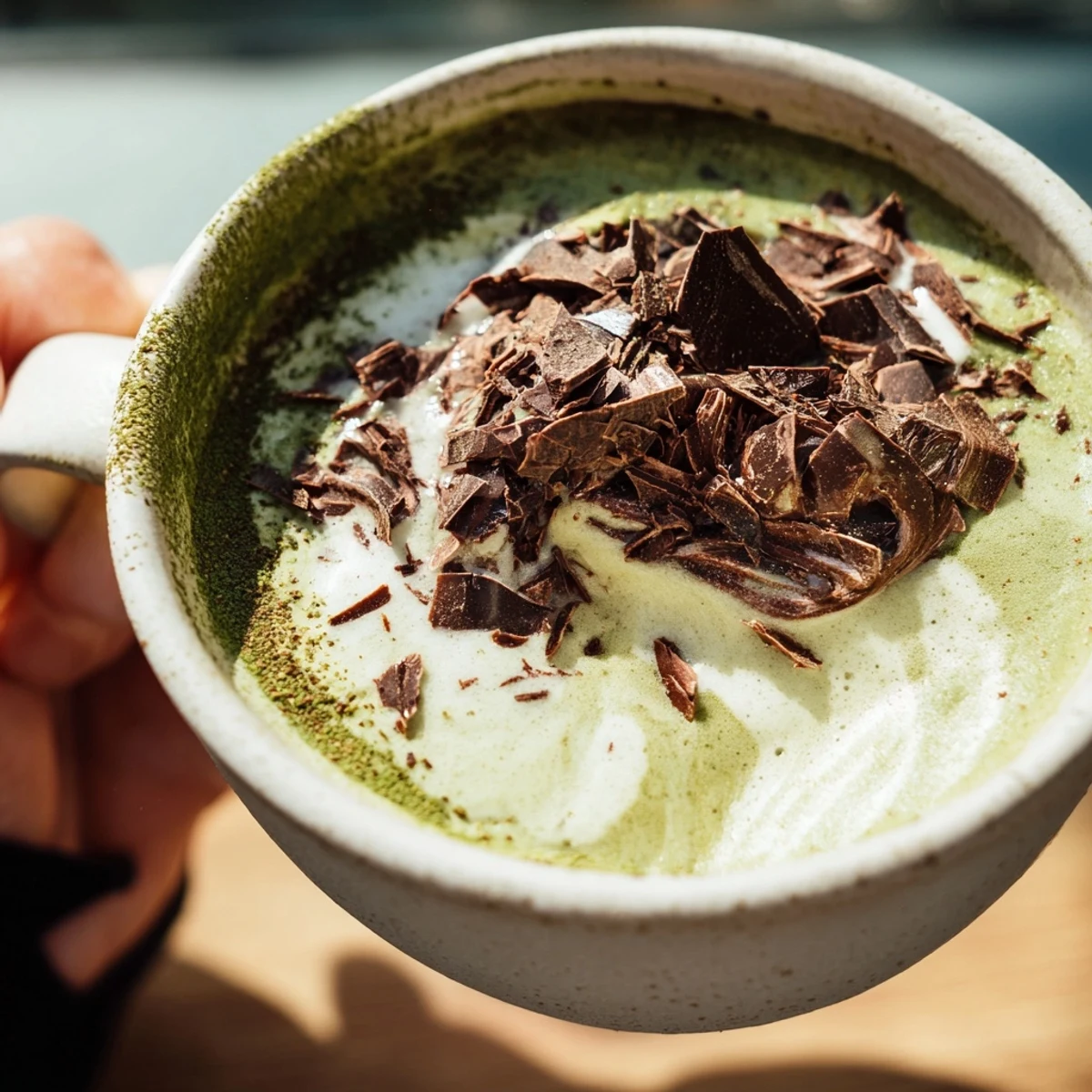 Steaming Matcha Hot Cocoa Protein Mug in a warmly lit kitchen ready to be enjoyed with extra toppings.