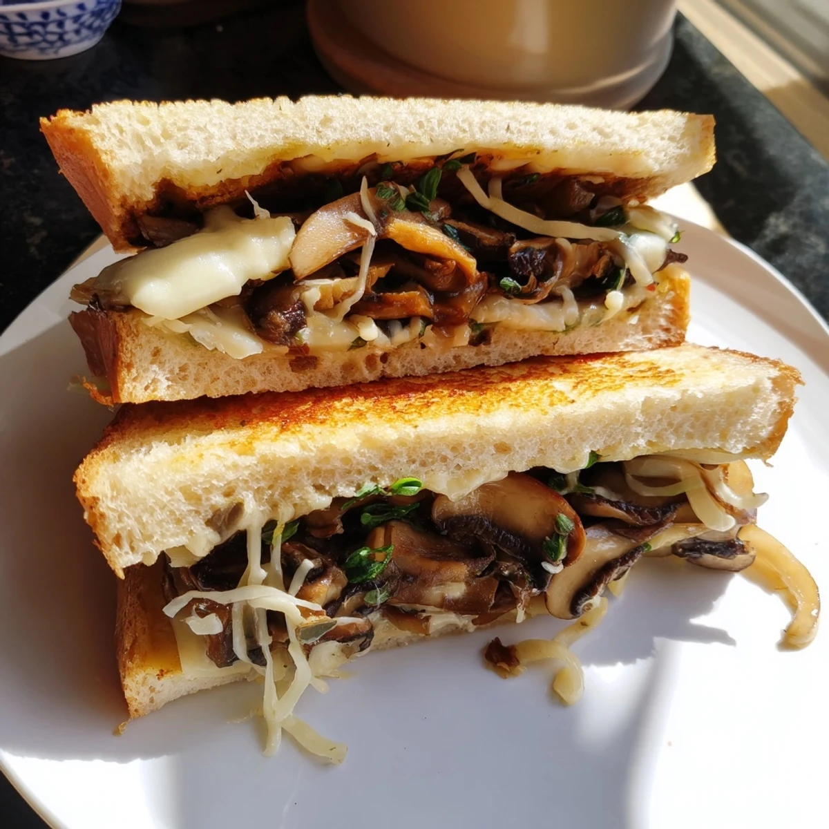 Golden-brown Roast Garlic Mushroom & Thyme Grilled Cheese, oozing melted cheese before being served.