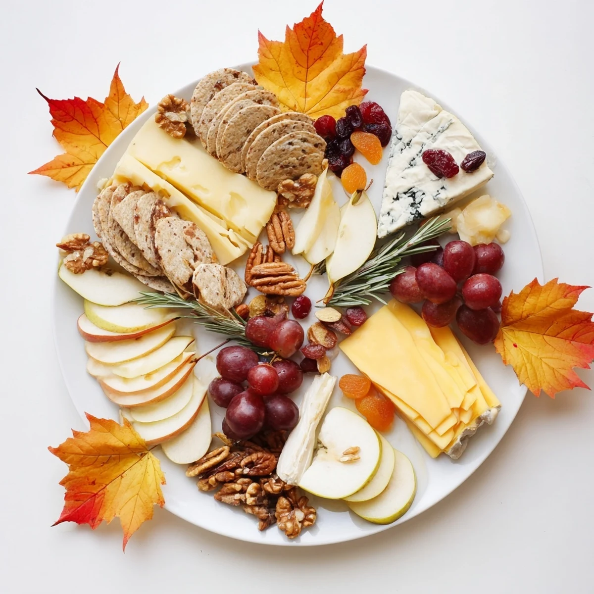 A bountiful Autumn Leaf Cheese Platter displays ripe fruit, crunchy nuts, and assorted crackers, ready to serve and enjoy.