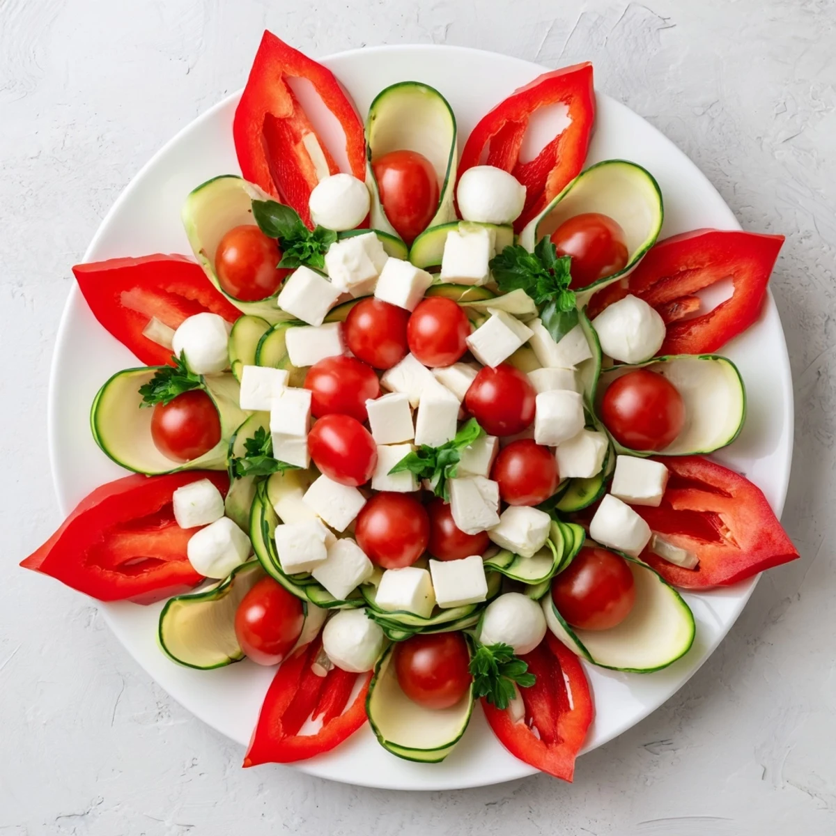 Festive Poinsettia Platter: A colorful appetizer platter with red pepper "petals," cheeses, and dips for your party guests.