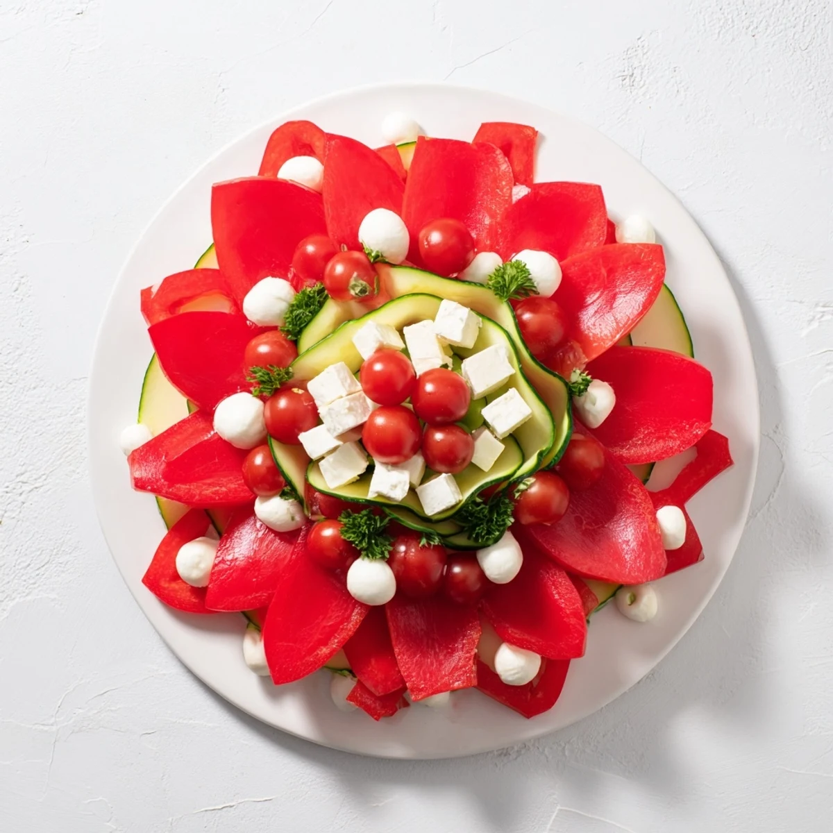 Vibrant Festive Poinsettia Platter arranged with fresh vegetables, mozzarella, and feta cheese, perfect for holiday gatherings.