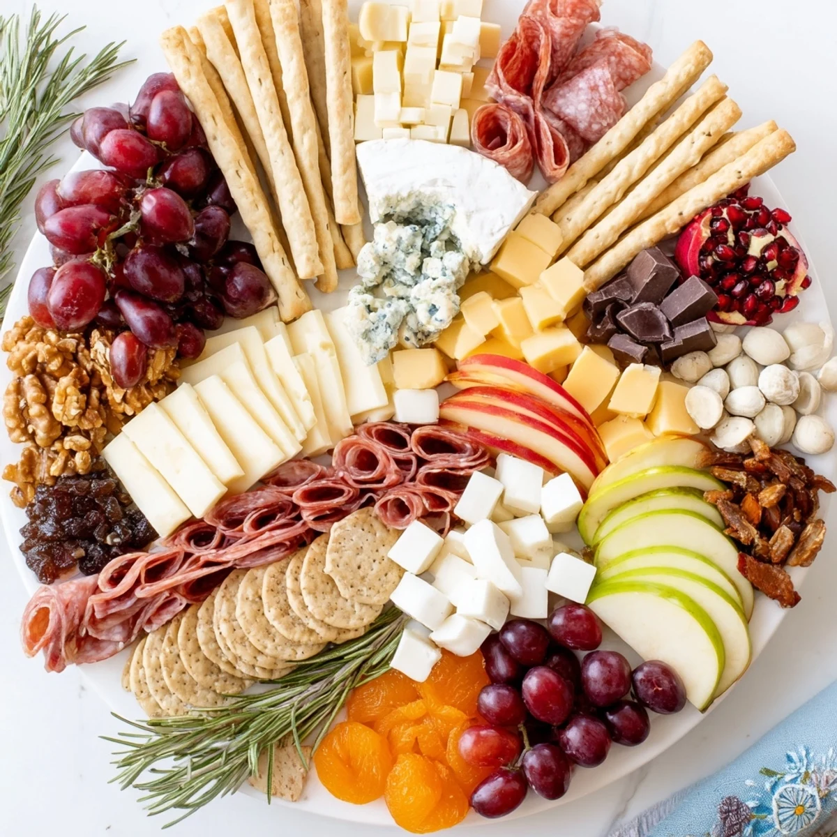 This Winter Wonderland Grazing Tray displays delicious cheeses, meats, and festive garnishes for your holiday party.