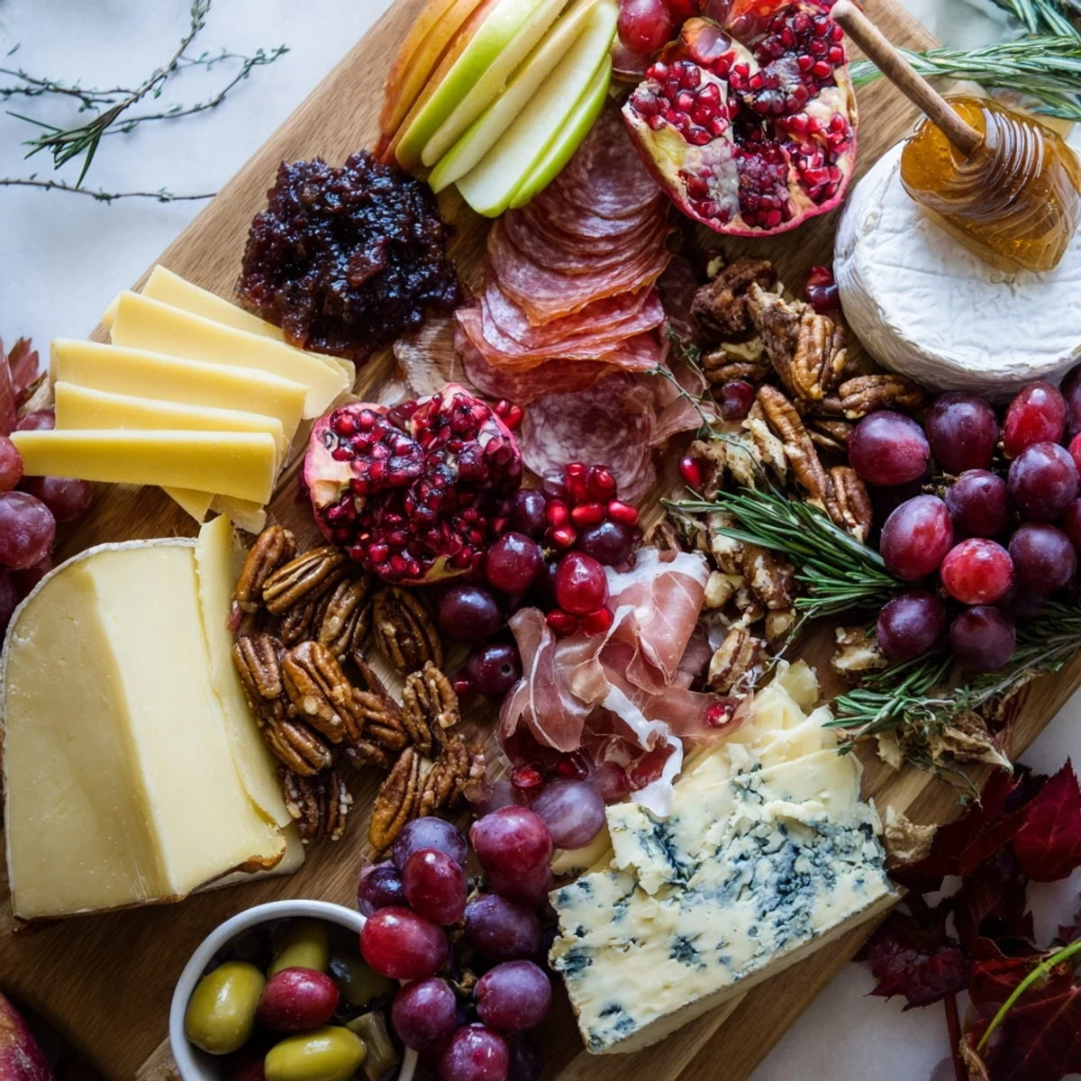 Festive Jingle Bell Cheese Board with Brie, Cheddar, fruits, and crackers perfect for a holiday party!