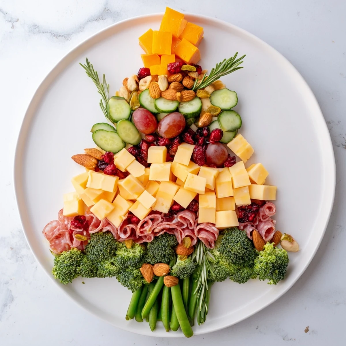 Festive Evergreen Tree Snack Board, bursting with colorful cheeses, crackers, and savory charcuterie for holiday snacking.
