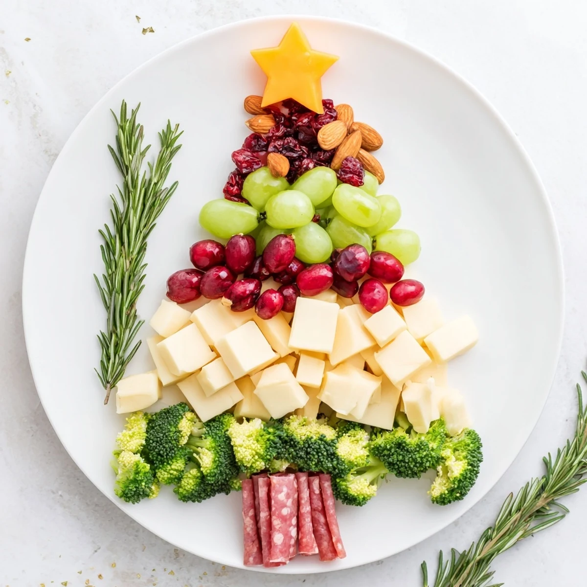 Vibrant Evergreen Tree Snack Board ready to serve, filled with cheeses, fruits, and nuts arranged perfectly for guests.