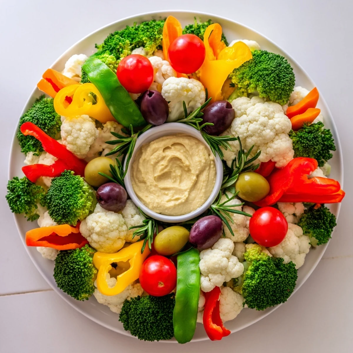 Vibrant Garland Veggie Wreath with colorful bell peppers and delicious veggie dip for dipping.