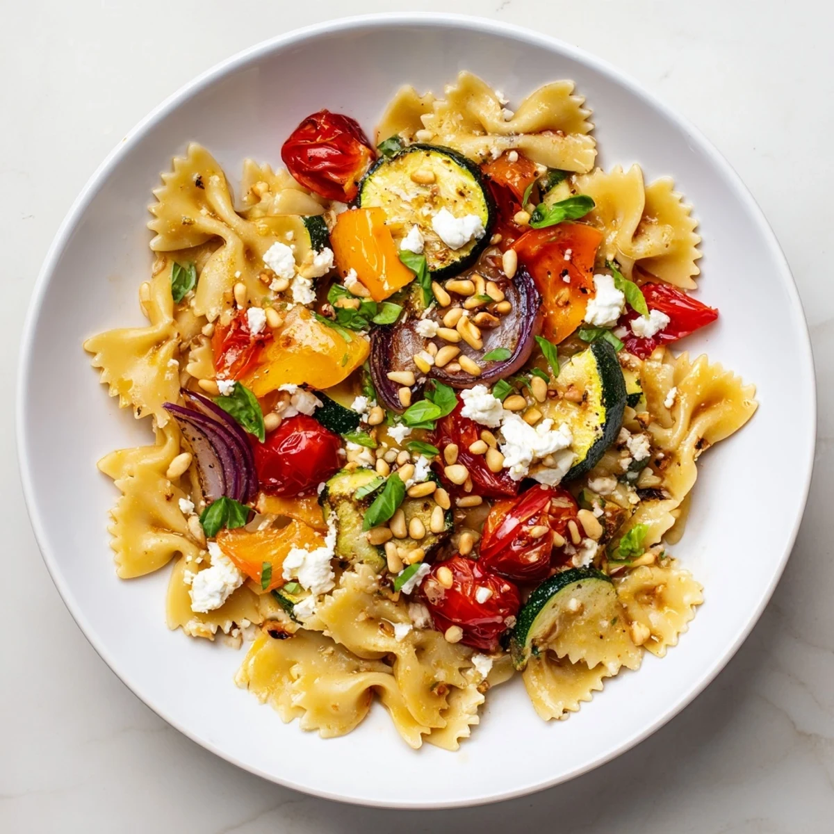 Festive Bow Tie Pasta Platter: colorful roasted vegetables mingling with the tender pasta.