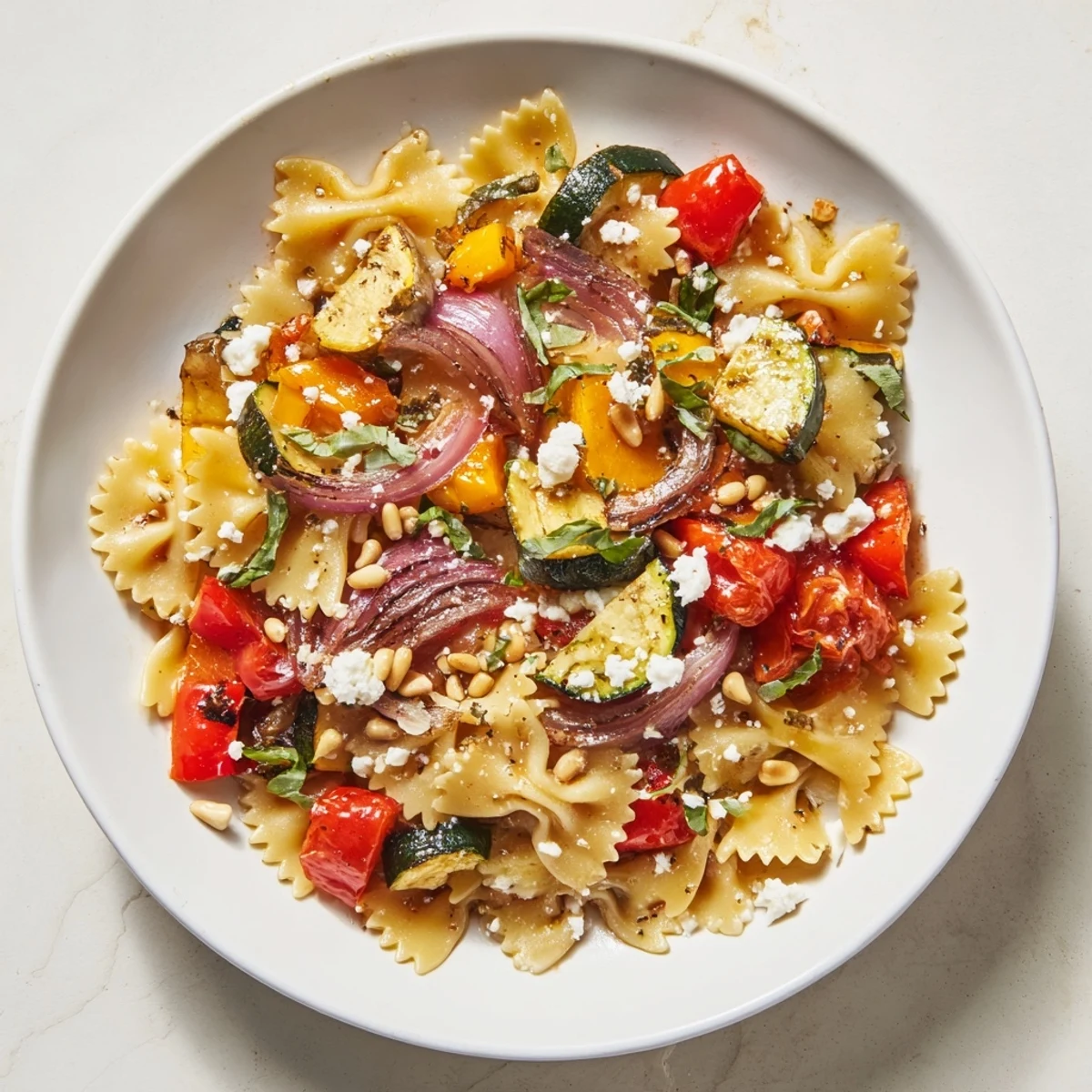 A beautiful serving of Festive Bow Tie Pasta Platter, perfect for a vegetarian celebration, ready to eat.