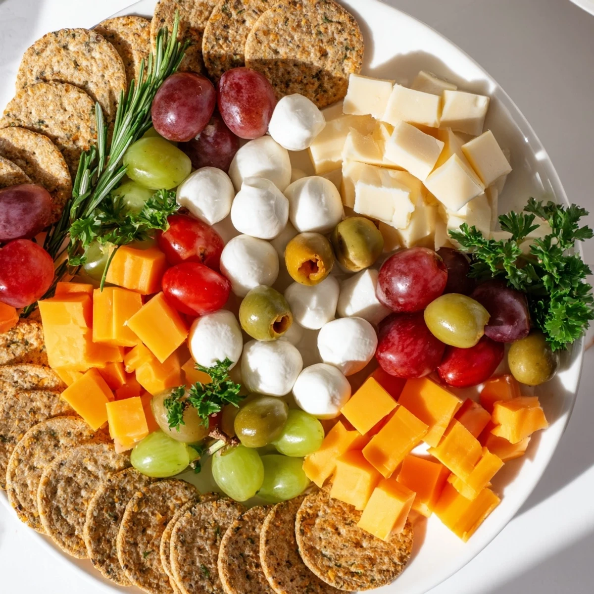 Vibrant Jingle Bell Cheese & Cracker Wreath, featuring cubed cheeses and colorful grapes arranged like a festive holiday wreath.