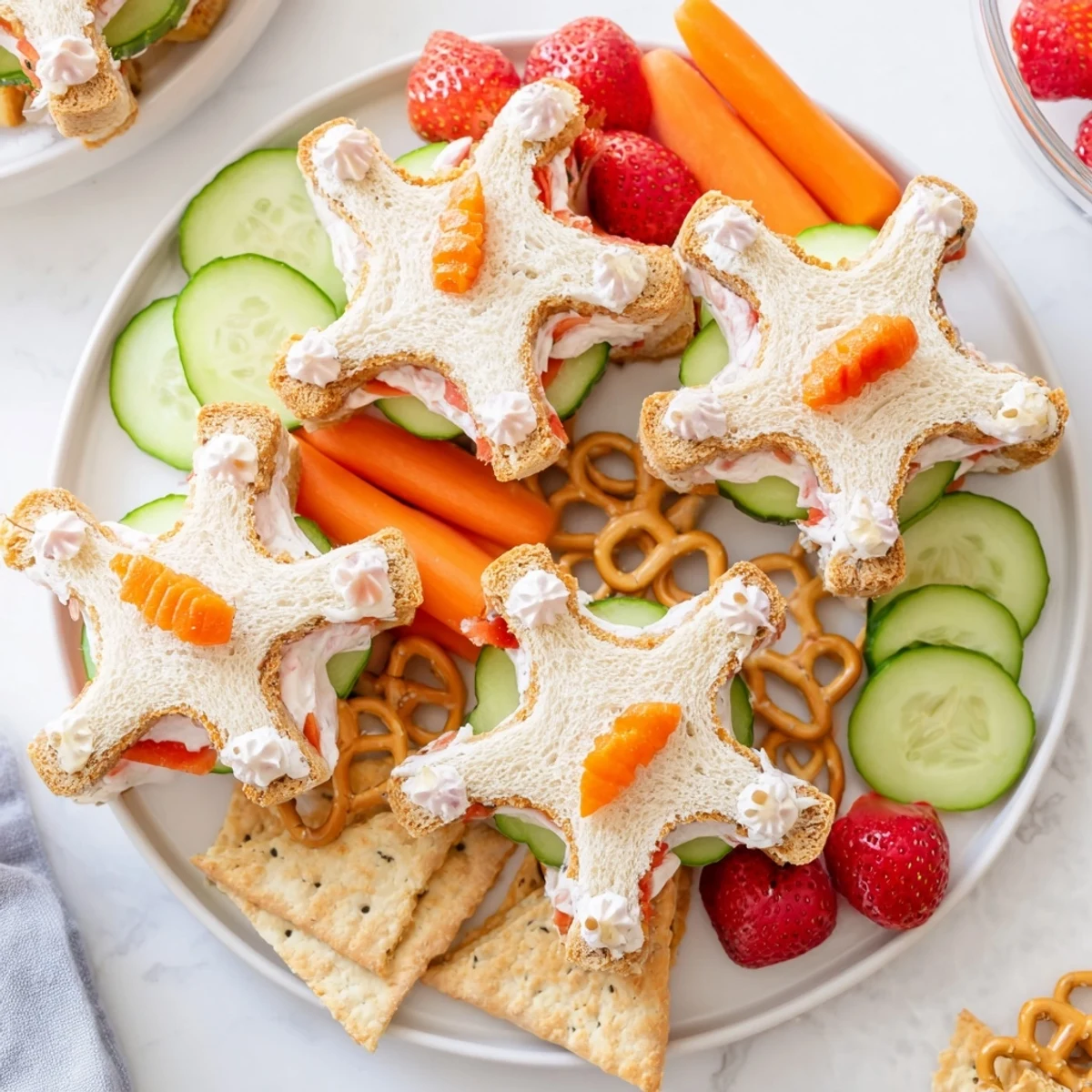 A colorful Beach Day Starfish snack platter: starfish sandwiches, grapes, and goldfish crackers arranged.