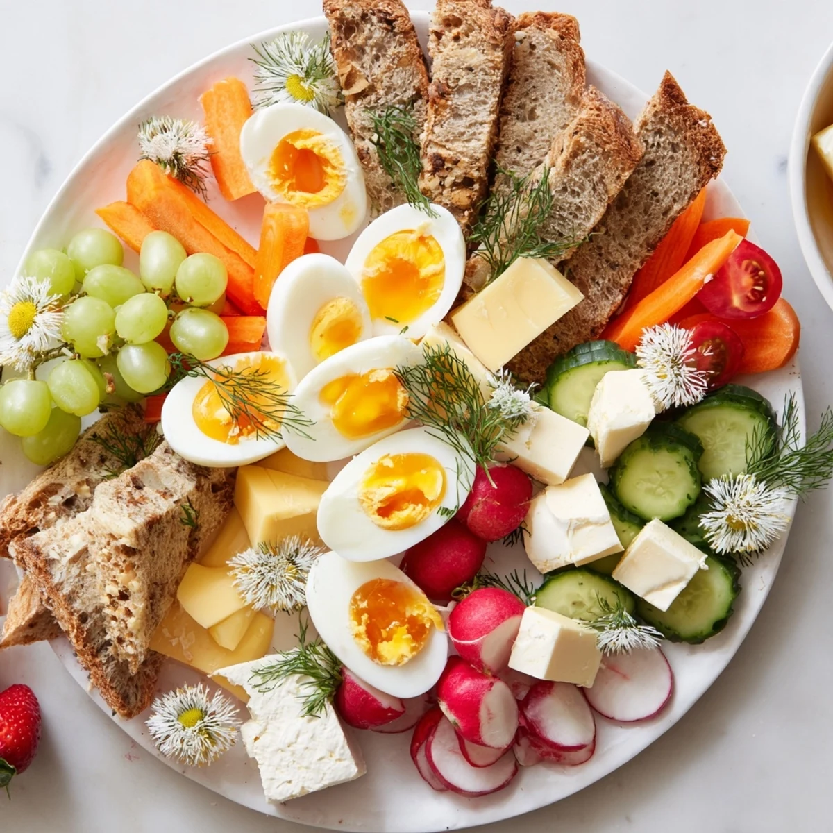 Delectable Easter Egg-cellent Brunch Board, with colorful hard-boiled eggs and fresh vibrant fruits.