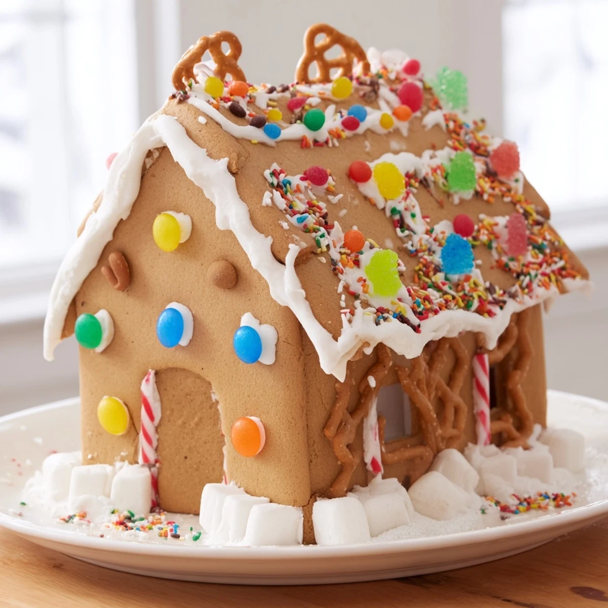 Warm, inviting photo of a decorated gingerbread house kit, ready for holiday festivities.