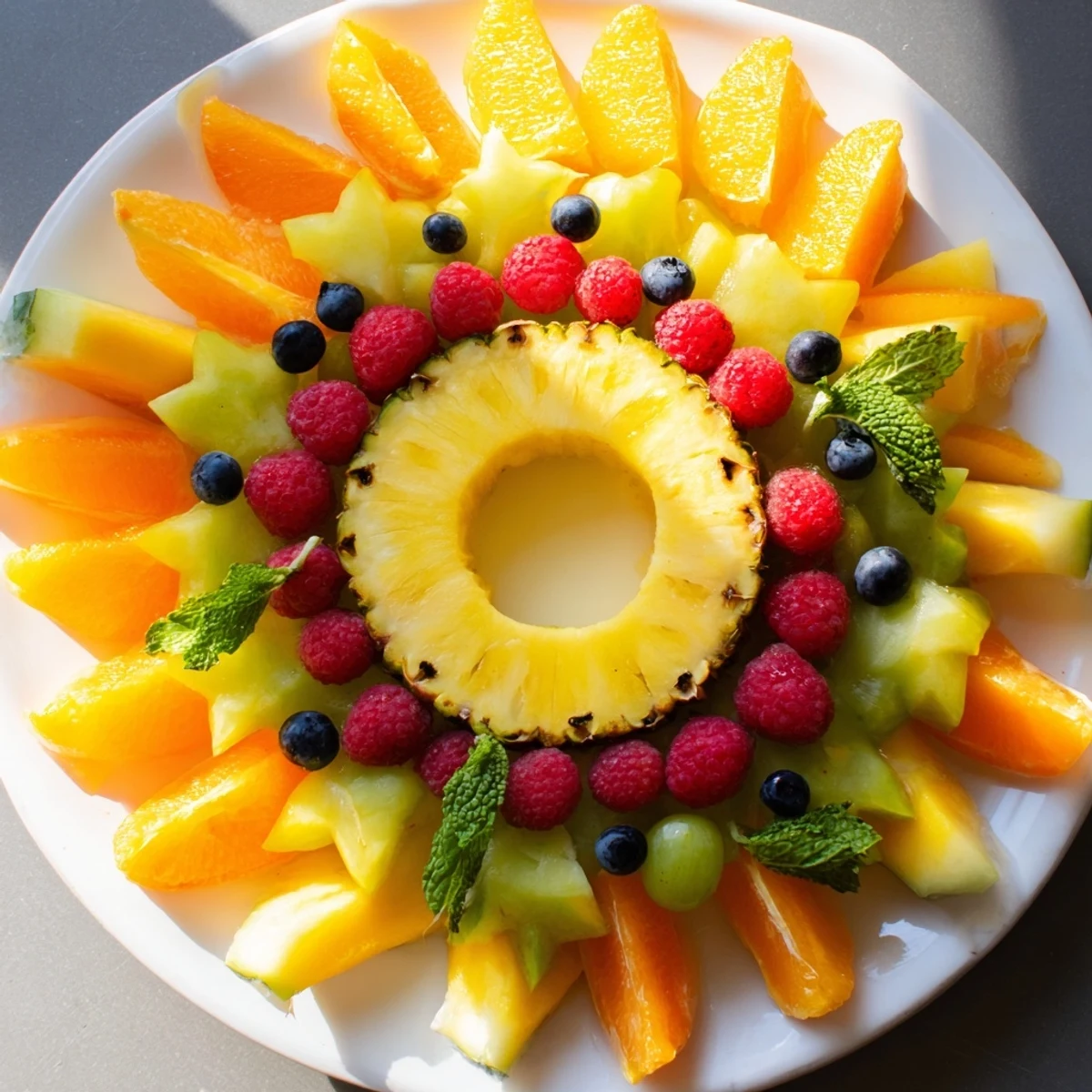 Vibrant Summer Rays Sun-Shaped Fruit Tray, bursting with colorful mango, watermelon, and berries on a platter.