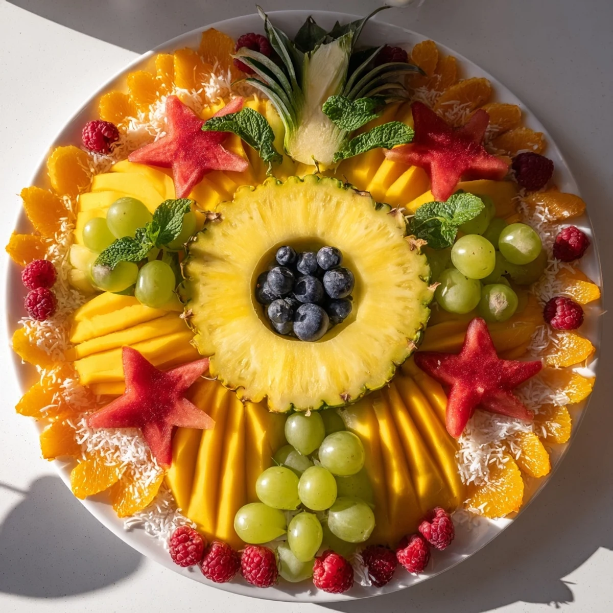 Bright, refreshing Summer Rays Sun-Shaped Fruit Tray with pineapple sun face, ready for a healthy snack or gathering.
