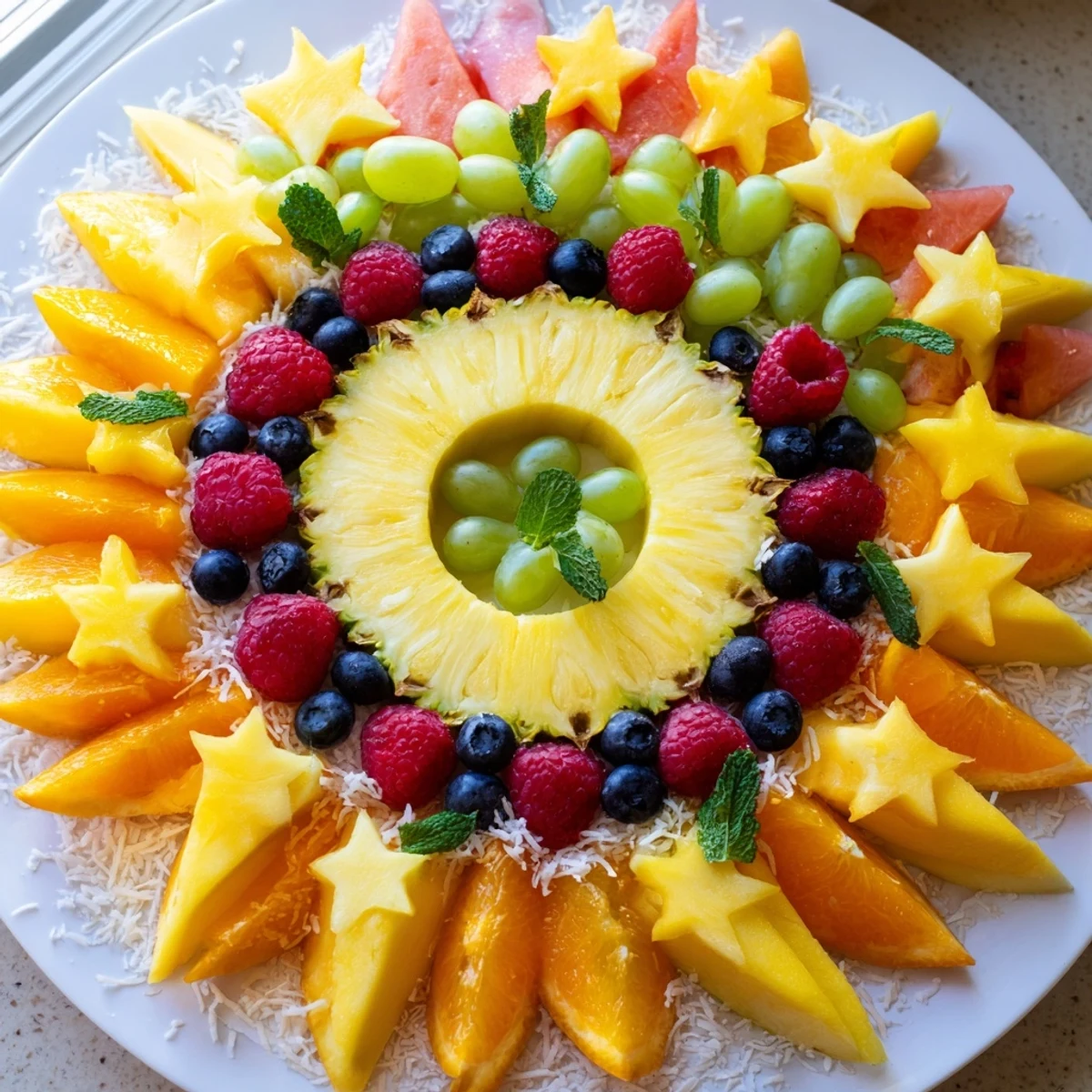 Enjoy the sweet, juicy Summer Rays Sun-Shaped Fruit Tray, a sunny arrangement of fresh fruits for a delightful treat.