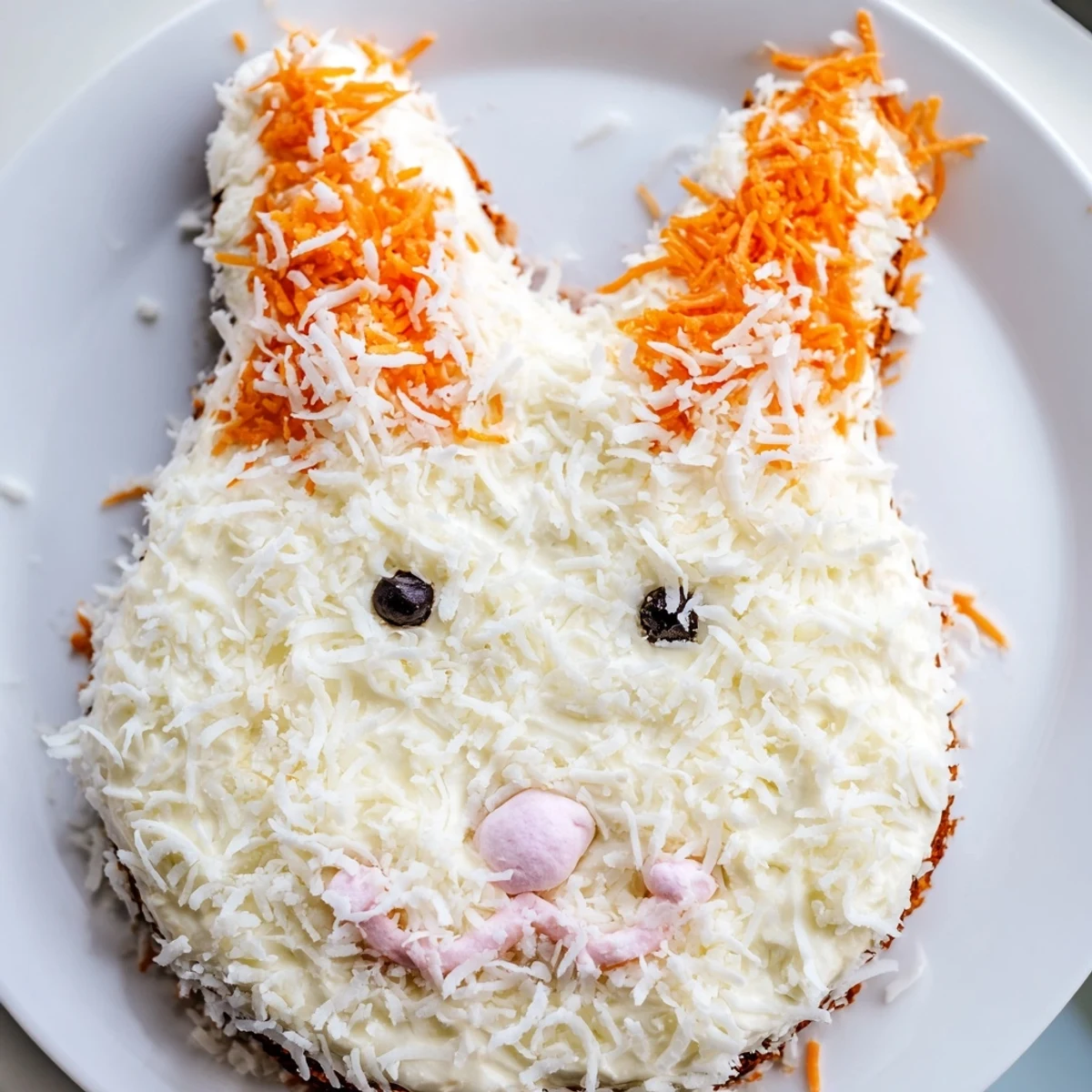 This vibrant Spring Bunny Carrot Cake features creamy frosting and a delicate coconut fur finish.