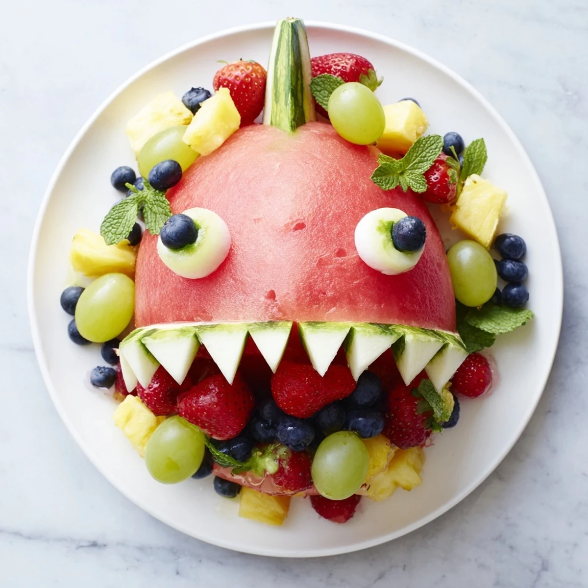 Vibrant Watermelon Wave Shark Snack Board overflowing with colorful, fresh fruit and pretzel sticks.