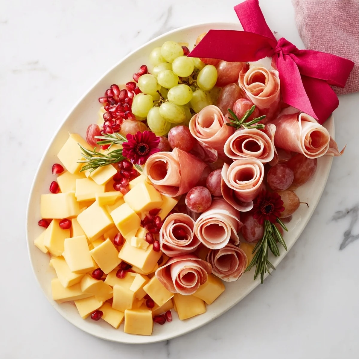 Festive Holiday Bow Appetizer Platter arranged with colorful cheeses, meats, and fruit, ready to serve and enjoy.
