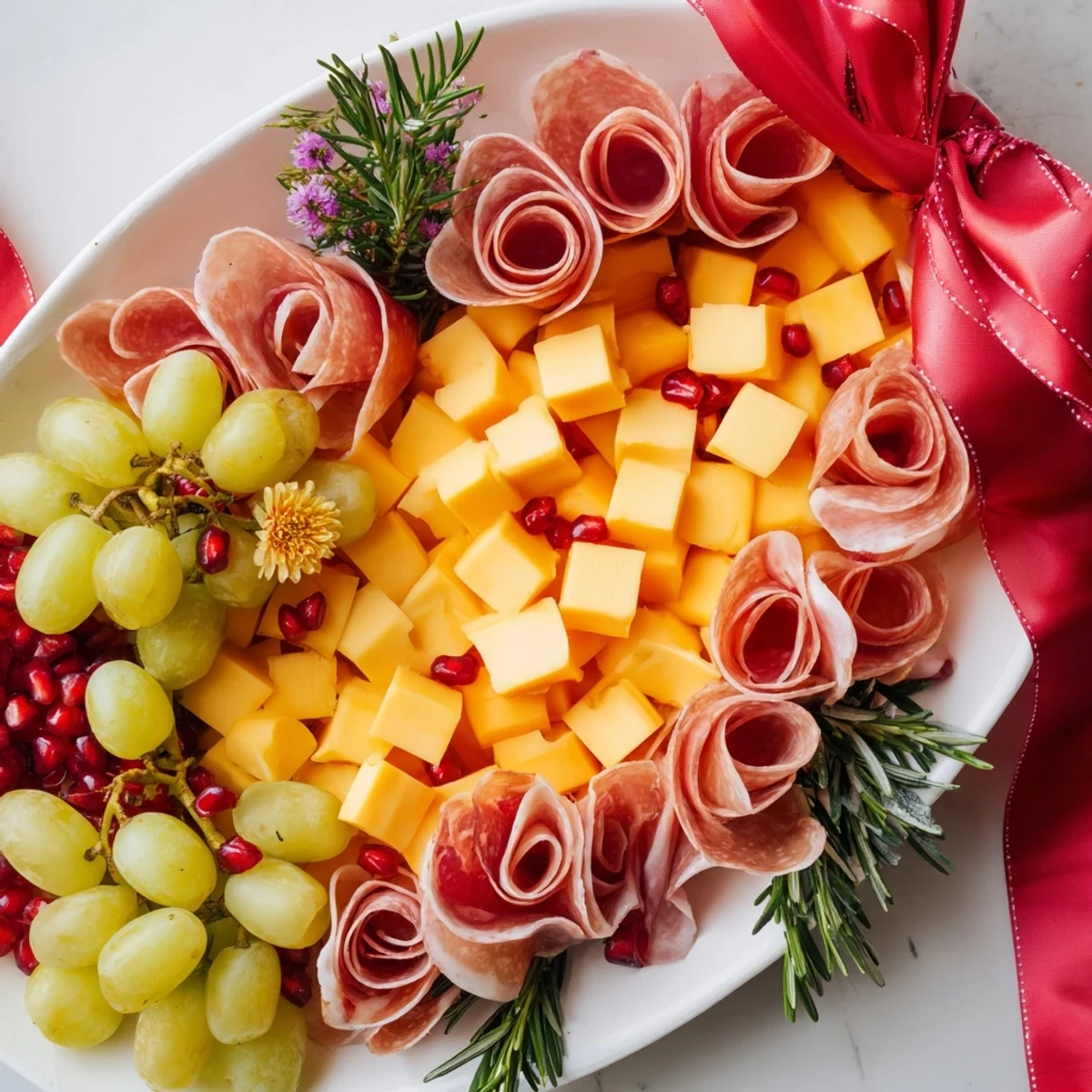 Delicious Holiday Bow Appetizer Platter featuring brie, prosciutto, and grapes, perfect for holiday gatherings.