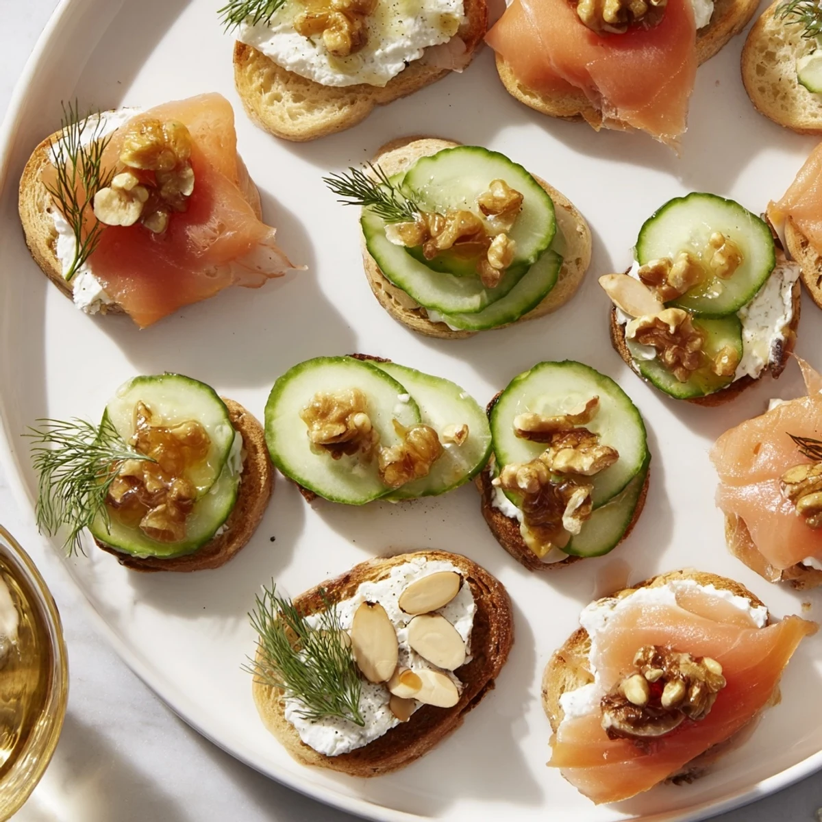 Golden brie drizzled with honey and walnuts, alongside champagne flutes to savor these perfect pairings.