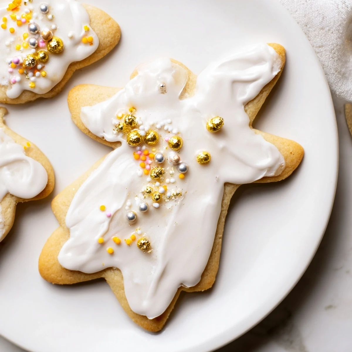 Golden Biscuits Anges de Noël, angel-shaped cookies, dusted with icing and ready for a special treat.