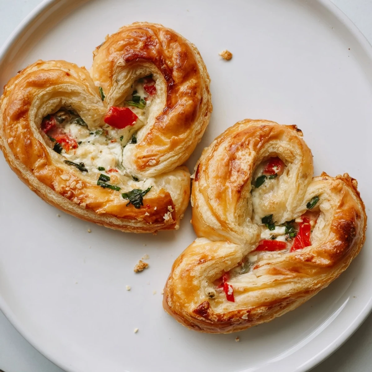 Golden-brown Cœurs Entrelacés, a Valentine's Day appetizer showing puff pastry hearts with goat cheese inside.
