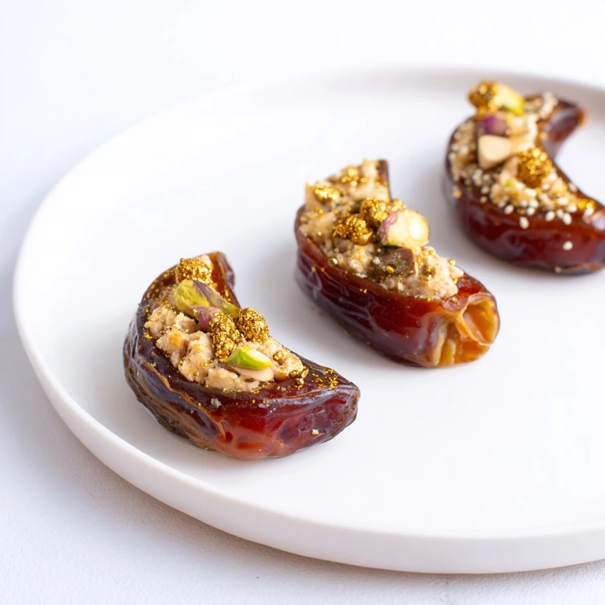 Lunar and Star Date Platter, glistening with honey and shimmering gold leaf, a festive dessert.