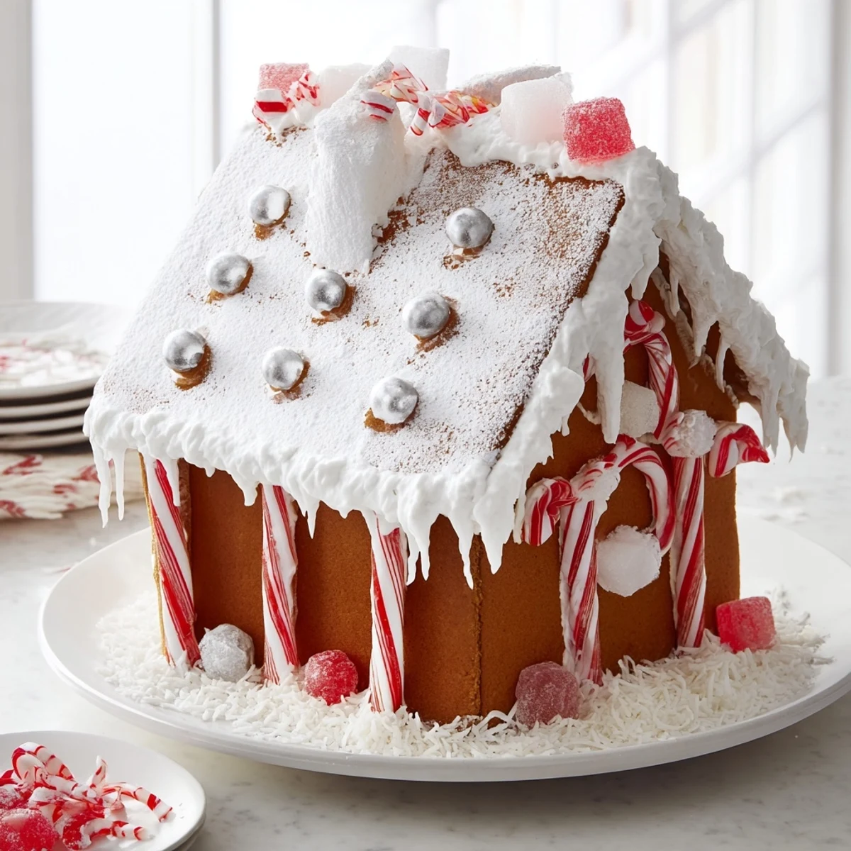 Festive gingerbread house decoration, showcasing colorful icing and candies for a delicious holiday treat.
