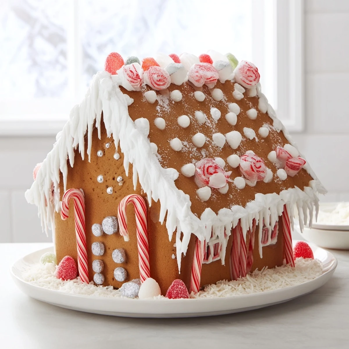 Warm tones show off this homemade gingerbread house recipe festooned with sweet, edible decorations.
