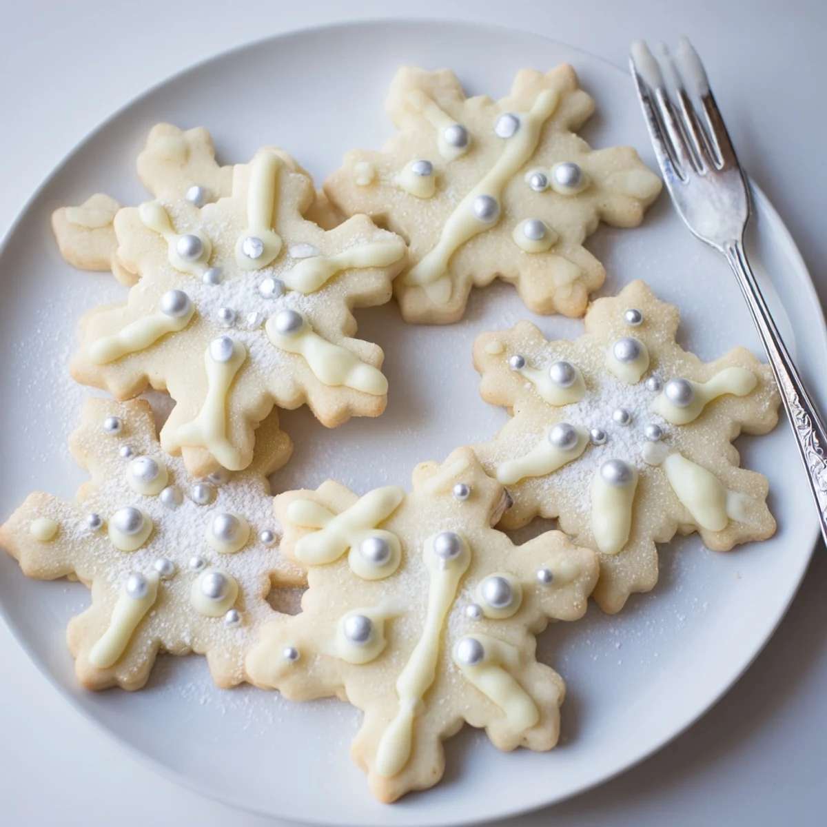 Golden snowflake cookies, dipped in white chocolate and sprinkles, featured on a platter.