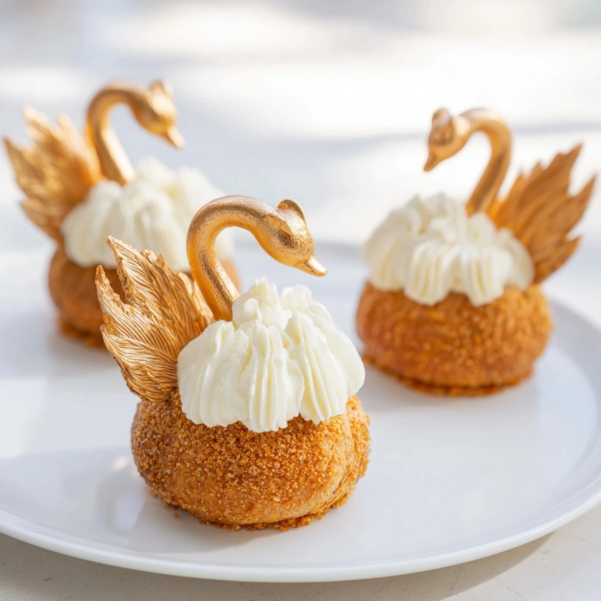 Golden, flaky elegant swan mini pastries filled with creamy vanilla, dusted with powdered sugar, ready to enjoy.