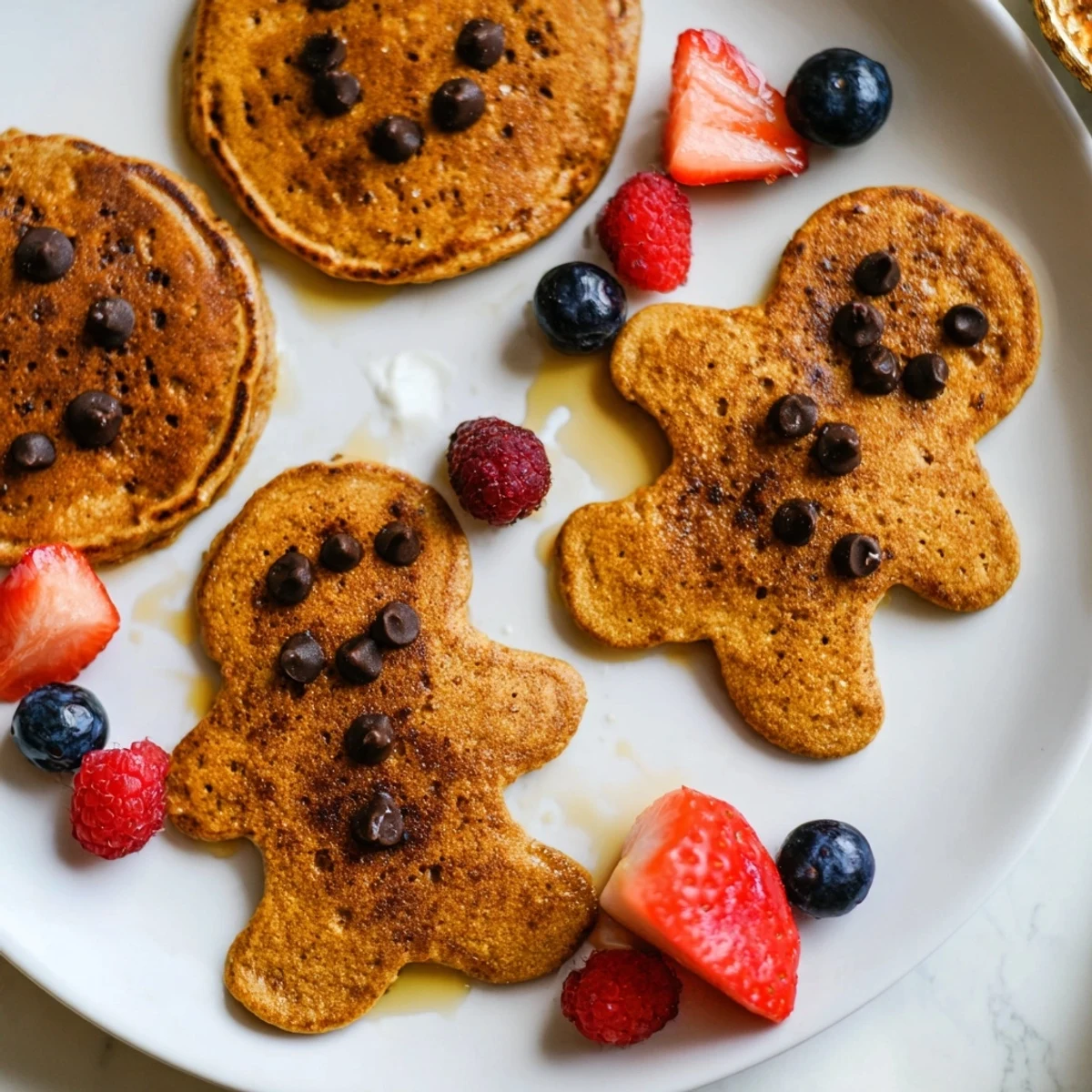 Gingerbread Boy Berry Board: Golden gingerbread pancakes surround fresh berries and creamy yogurt, a colorful breakfast.