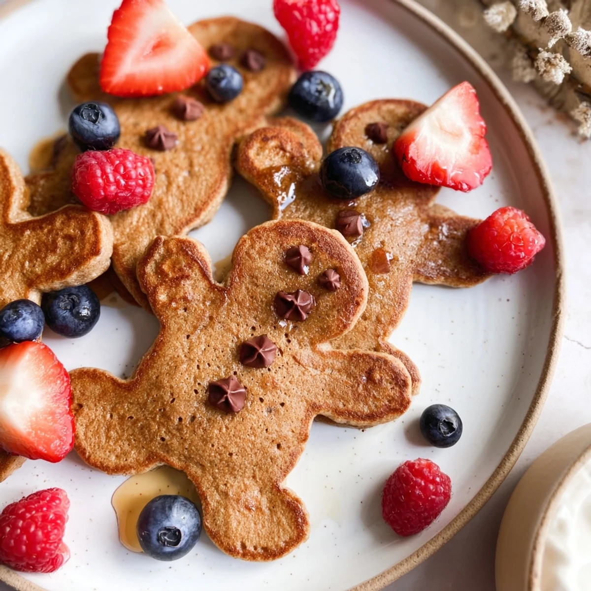 Bright and inviting: This Gingerbread Boy Berry Board has perfectly shaped pancakes with fresh fruit and yogurt.